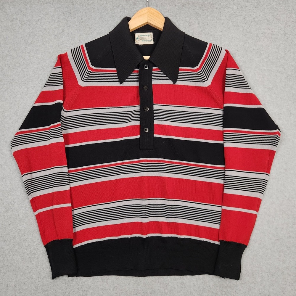 Vintage Kmart Shirt Mens Small Red Black Striped Collar Lounge Stretch True 70s